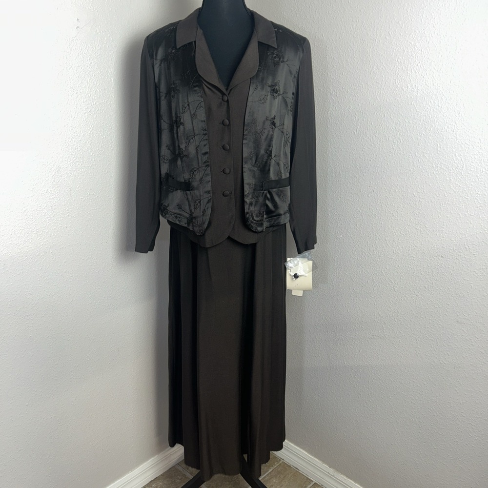 Vtg Wild Rose Two Piece Dress Jacket Women 8 Brown Embroider Rose Semi Sheer NWT